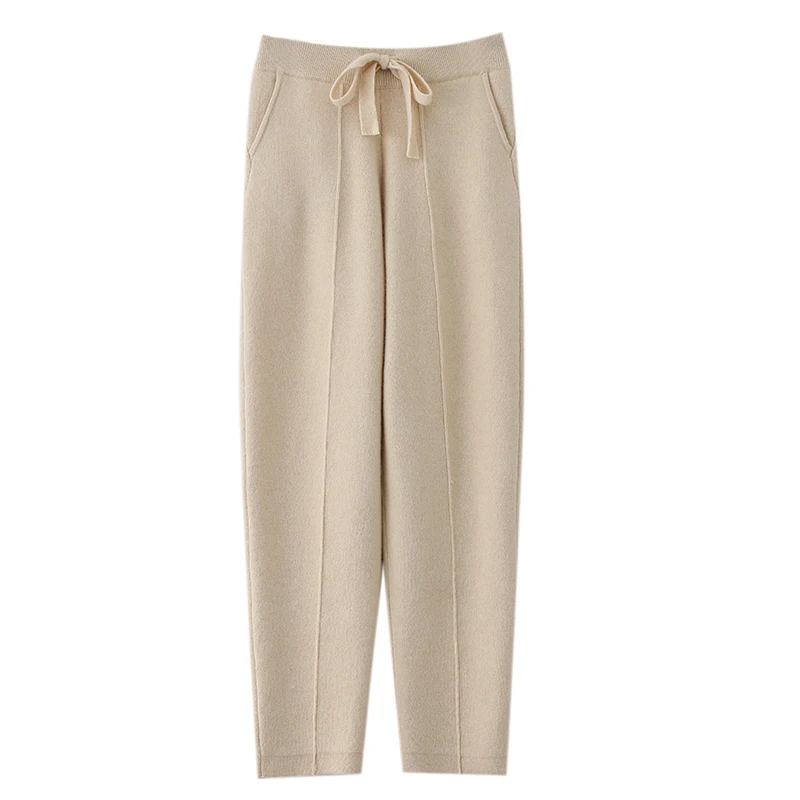 Women's 100% Pure Wool Slim Pants High Waist Autumn and Winter Cashmere Casual Knitted Pencil Pants Korean Thick Casual pants