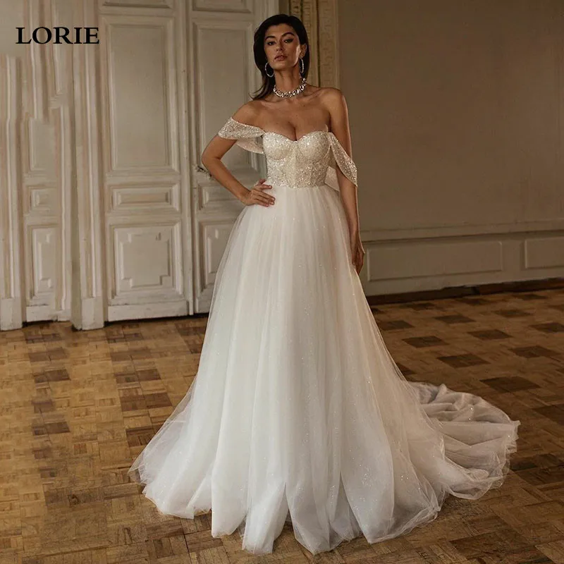 

LORIE shiny Glitter Wedding Dress A Line Off The Shoulder Bride Dresses Puff Tulle Wedding Bridal Gowns 2024