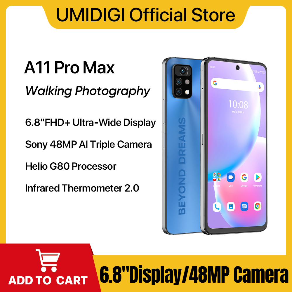  UMIDIGI A11 Pro Max Global Version Android Smartphone 6.8" FHD+ Display 8GB 128GB Helio G80 48MP+16MP Triple Camera 5150mAh 