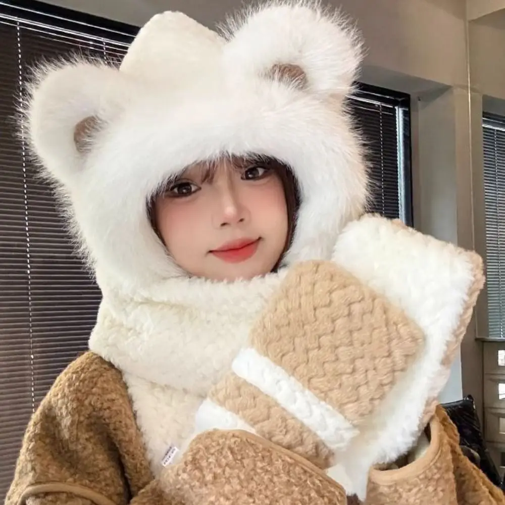 高価値のクマ保護帽子 ソフトプラッシュプルオーバー一体型キャップ 手袋 スカーフ 甘い厚みのあるデザイン 耳保護帽子