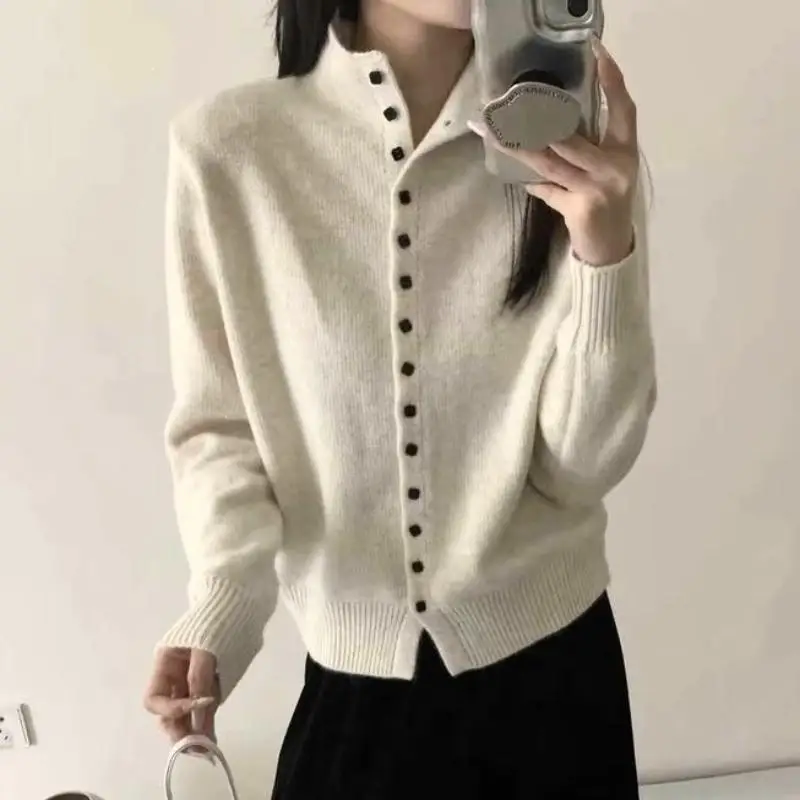 2026 Autumn Winter New Korean Women Clothing Chic Super Good Half High Neck Knitted Cardigan Fashion Versatile Sweater Jacket