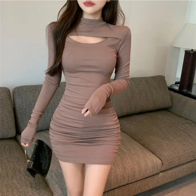 Versatile One-piece Women\'s Tight Hip Long Sleeve Short Skirt Winter 2023 Slim Casual Dresses Vestidos Para Mujer Women Dress