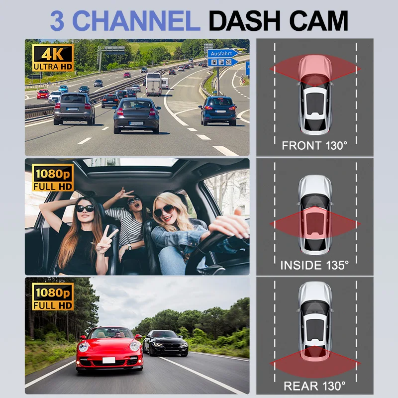 3.2'' IPS Screen 4K+1K+1K  3 Channel Dash Cam Front and Rear Inside ADAS Built-in WiFi Dashcam with G-Sensor car accessories