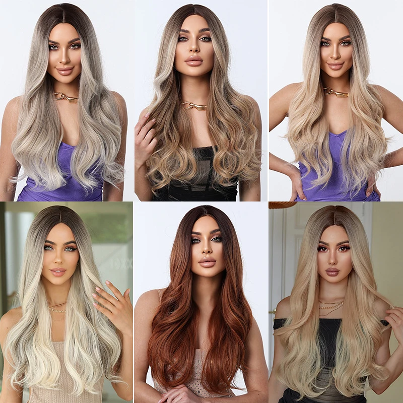 Various fashionable European and American women's middle-parted colorful long curly , large wavy synthetic fiber wigs