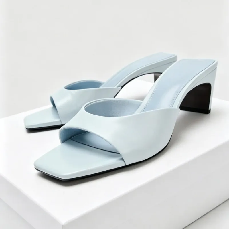 Summer Leather Heeled Sandals Square Toe Elegant with Top Dress Shoes Fashion Low Heel Mule Style Women Slippers Chaussure Femme