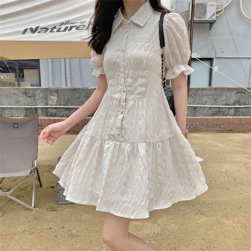 Women Vintage Fashion Elegant Ruffle Sweet Chic Button Shirt Dresses 2024 Summer Casual Short Sleeve Slim Solid Fairy Mini Dress