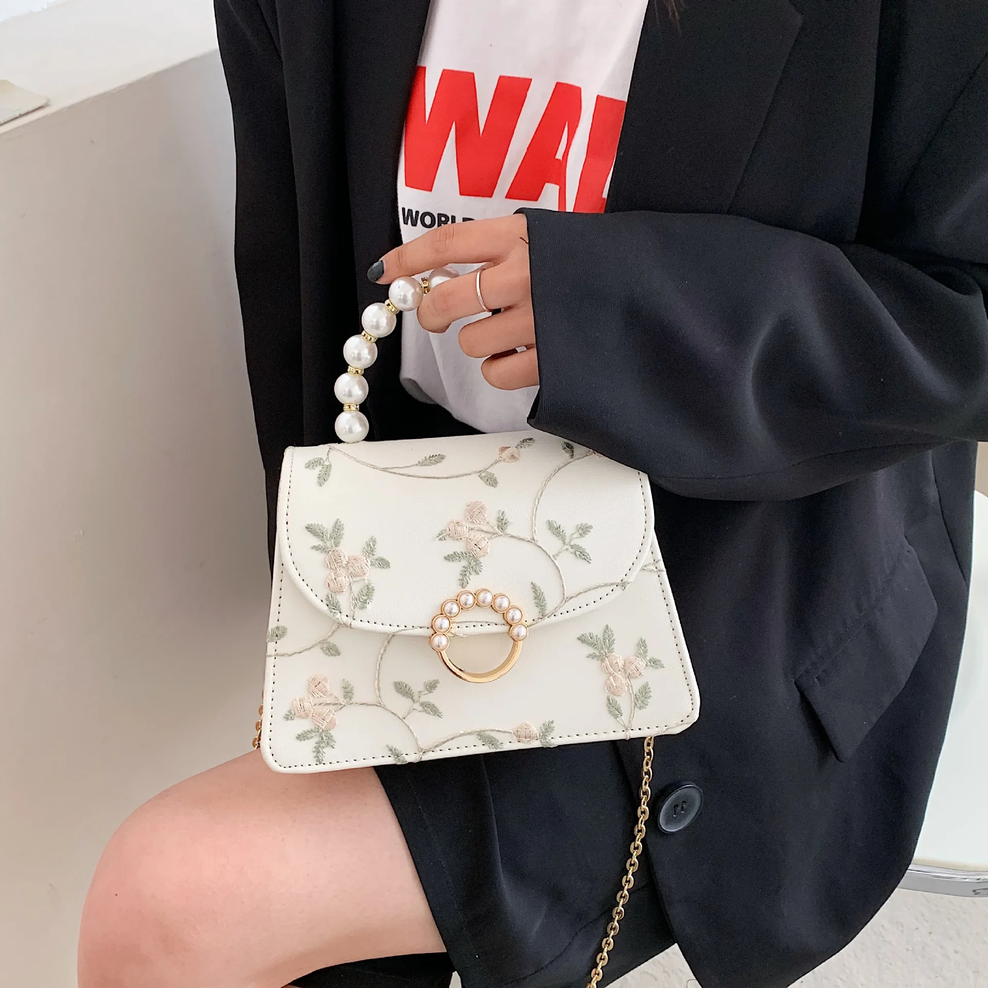 2024 New Lace Embroidery Shoulder Bag for Women with Chain Pearl Crossbody Bag Chinese Style Handbag bolsos para mujer purse sac