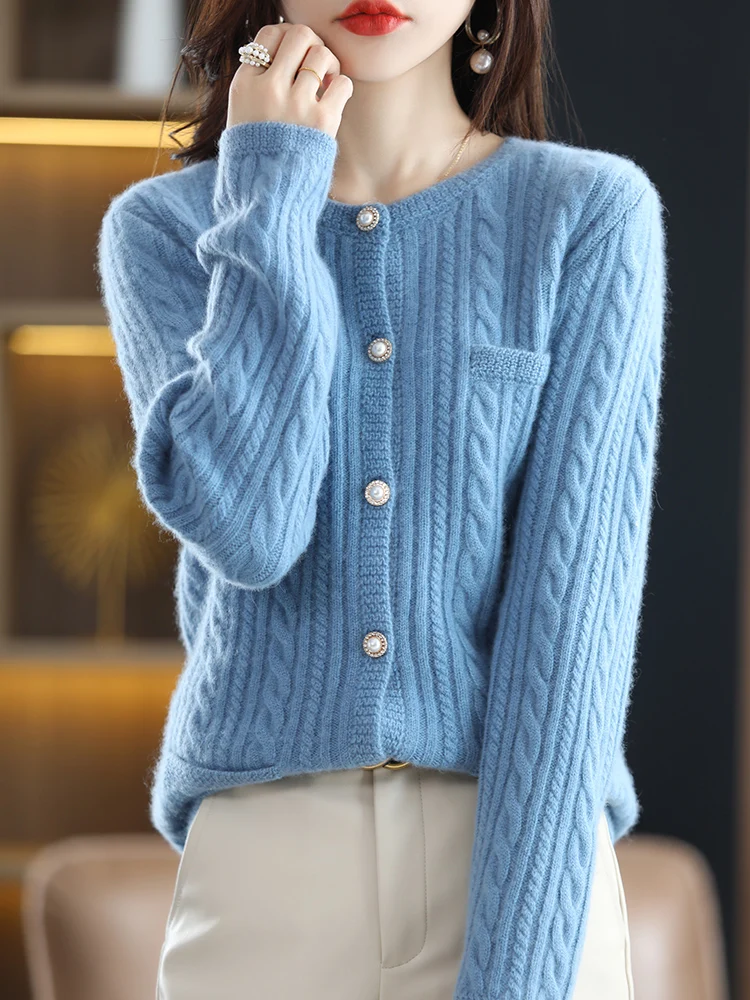 

Women's Long Sleeve Cardigan Autumn Winter 100% Merino Wool Sweater O-neck Twist Flower Cashmere Kintwear Female Clothing Tops