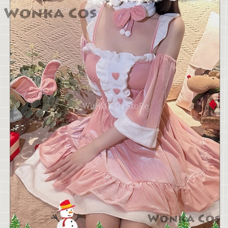 여성용 크리스마스 코스프레 코스튬 세트, 산타 벨벳 토끼 소녀 란제리, 크리스마스 할로윈 파티 코스프레 원피스, 멋진 세트, 2024