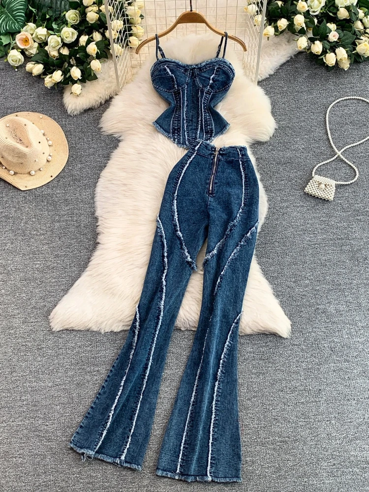 

Vintage fashion fringed denim camisole top high waist bell-bottoms pants two-piece set women's summer slim fit street sexy set