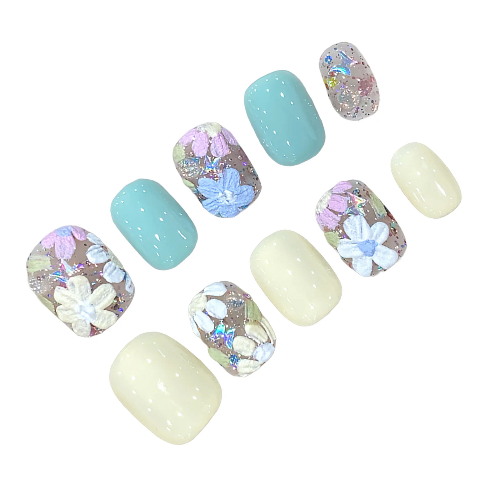 Reusable Press-On Nails Mint Butterfly Design for Spring Summer Party Dopamine Style Short Fake Nails Handcrafted Art Set