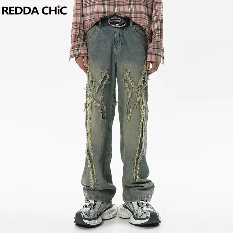 

REDDACHIC Мужские мешковатые джинсы с нерегулярными заплатками и вышивкой Raw Edge Do Old Pockets Свободные широкие брюки Повседневная уличная одежда в стиле хип-хоп