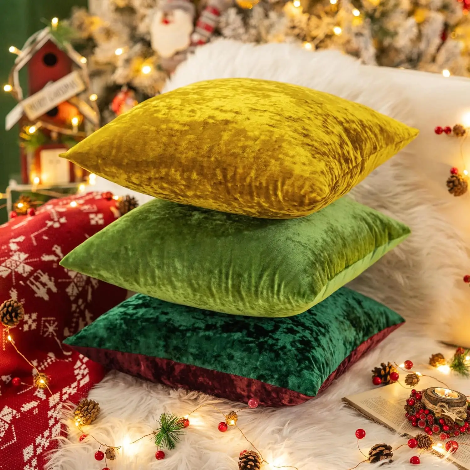 Crushed Velvet Throw Pillow Cover Shiny Decorative Christmas Gift Red Green Living Room Home Decor