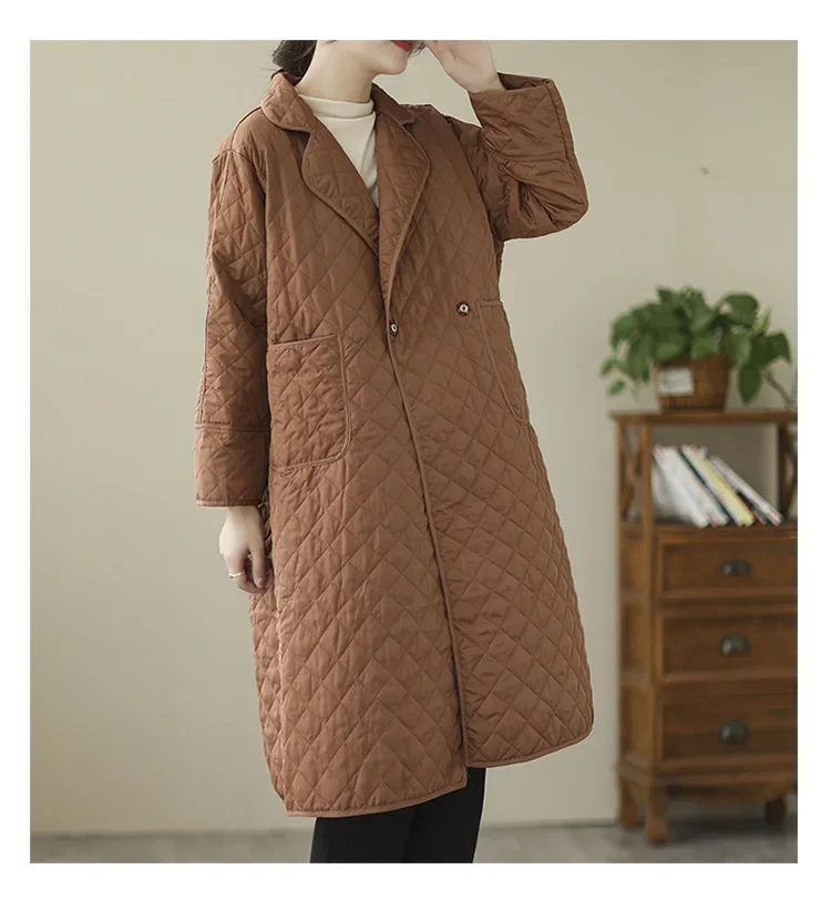 2023 New Arrival Rhombic Lattice Pockets Vintage Autumn Winter Outwear Down Coats Padded Cotton Fashion Women Casual Long Coats