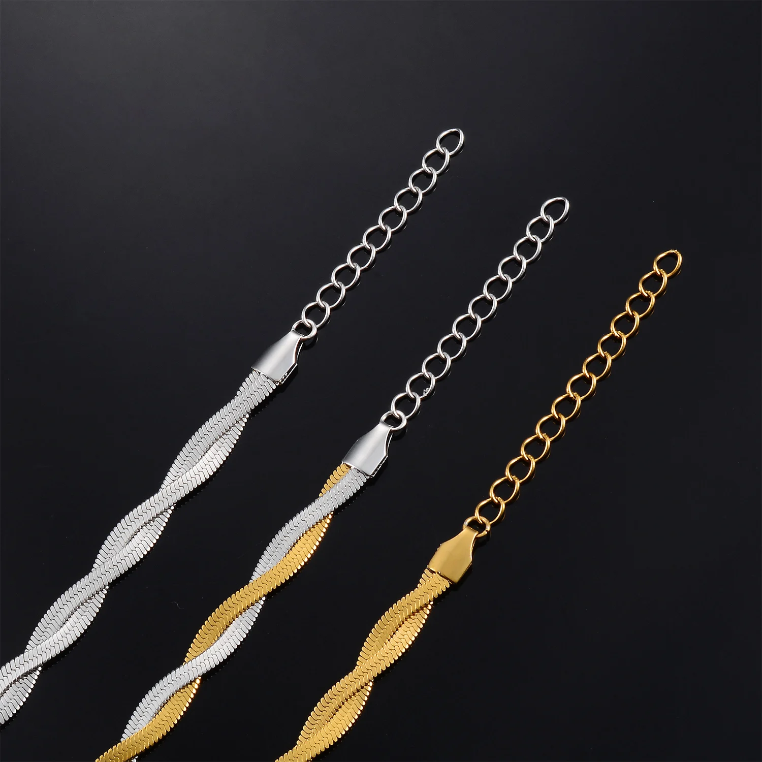 2mm 2,5mm 3mm Doppel-Halskette Choker Unisex Flache Schlangenkette Edelstahl Fischgrät-Kette Goldfarben Modeschmuck – Detail 3