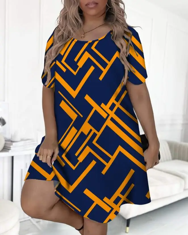 Vestido de dormir feminino casual com gola redonda, vestido de manga curta, estampado geométrico, verão, novo, plus size, 2024