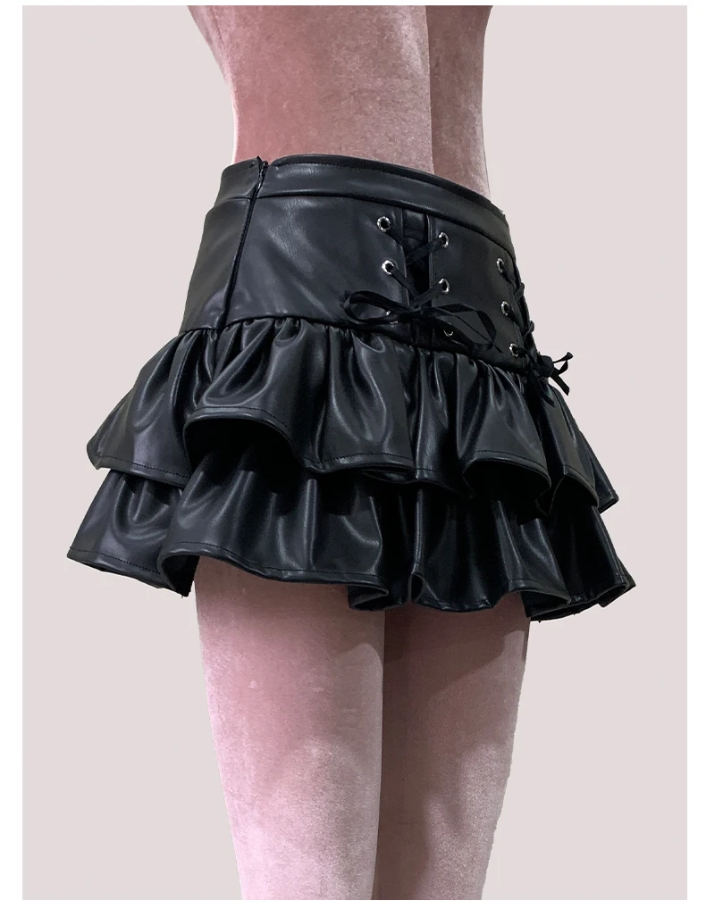 Nerazzurri Summer Autumn Soft Black Pu Leather Mini Tiered Pleated Skirt Women Lace Up Short Luxury Designer Punk Style Clothes