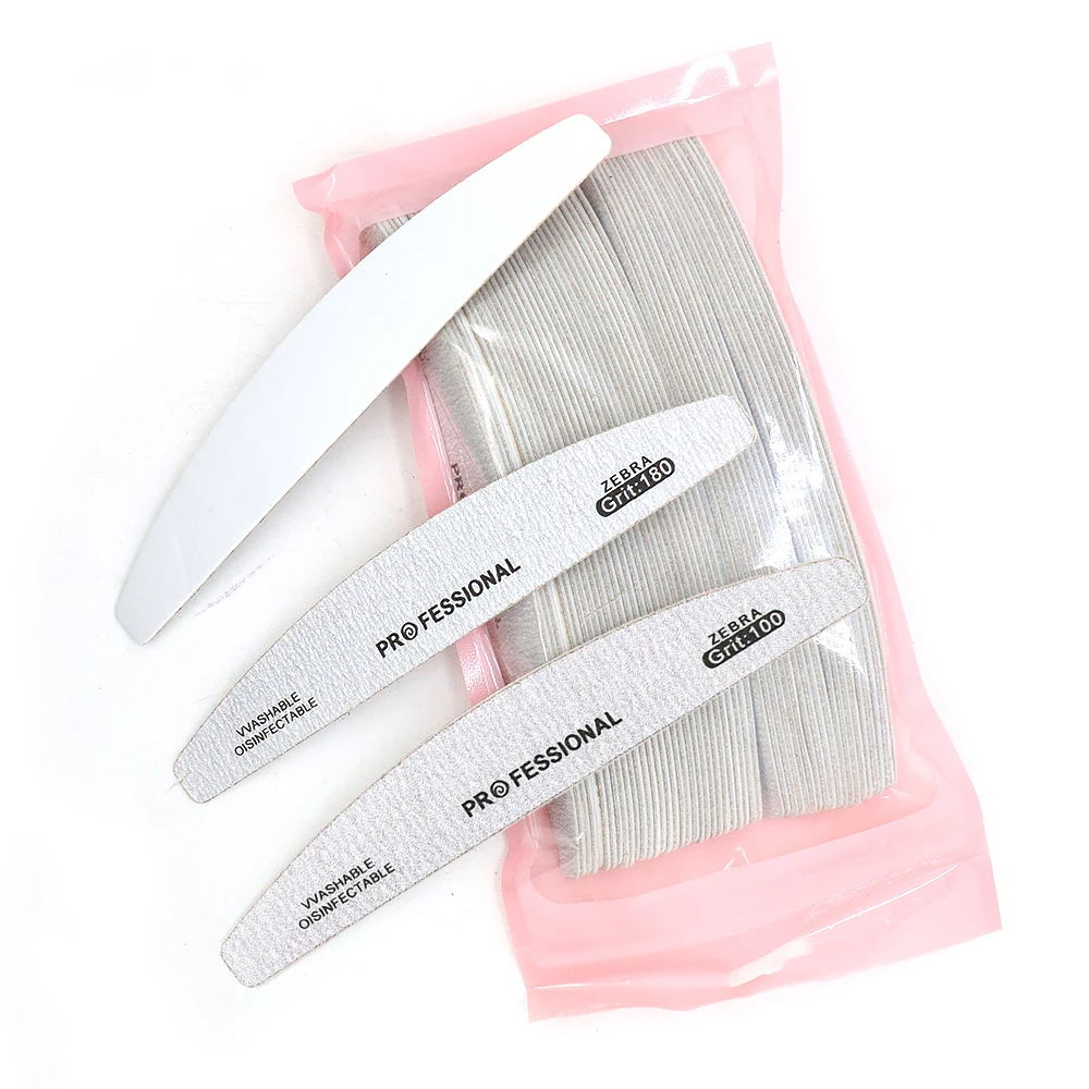 50 Stück/Set Graue Halbmond-Nagelfeilen mit Edelstahlbrett, Professionelle Einweg-Nagelfeilen mit Abnehmbaren Schleifpapier-Pads