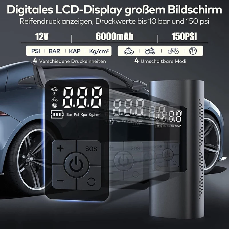 Imagem -03 - Mini Bomba de ar Portátil com Display Lcd Compressor Elétrico Bomba de Bicicleta Bicicleta Motocicletas Carros 150 Psi 6000 Mah