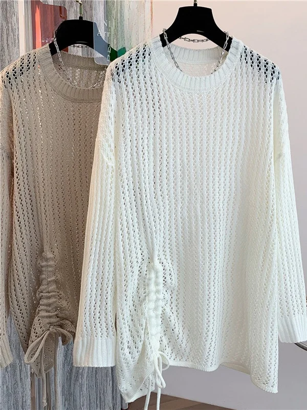 

Women's Casual Long Sve T-irt Dstring Layering Top plus Size Autumn New Sle Hollow out Design Comfortable Knitwear