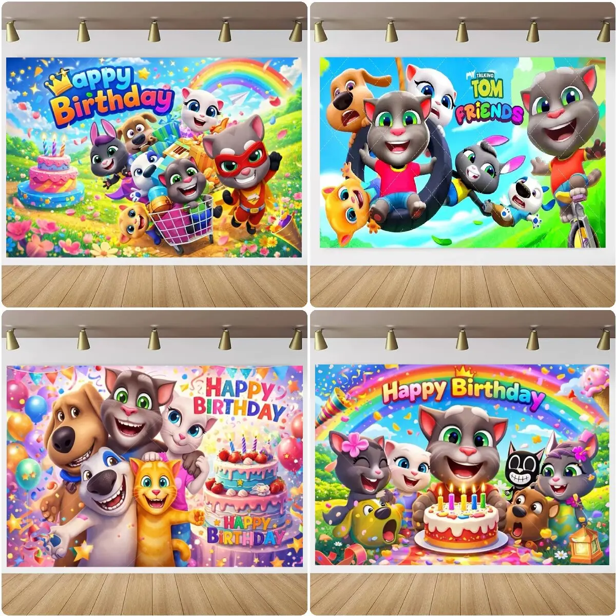 Talking Toms Friends Happy Birthday Hintergrund Cartoon Katze Hund Regenbogen Foto-Banner Kindergeburtstag Party Deko Fotorequisiten – Detail 3