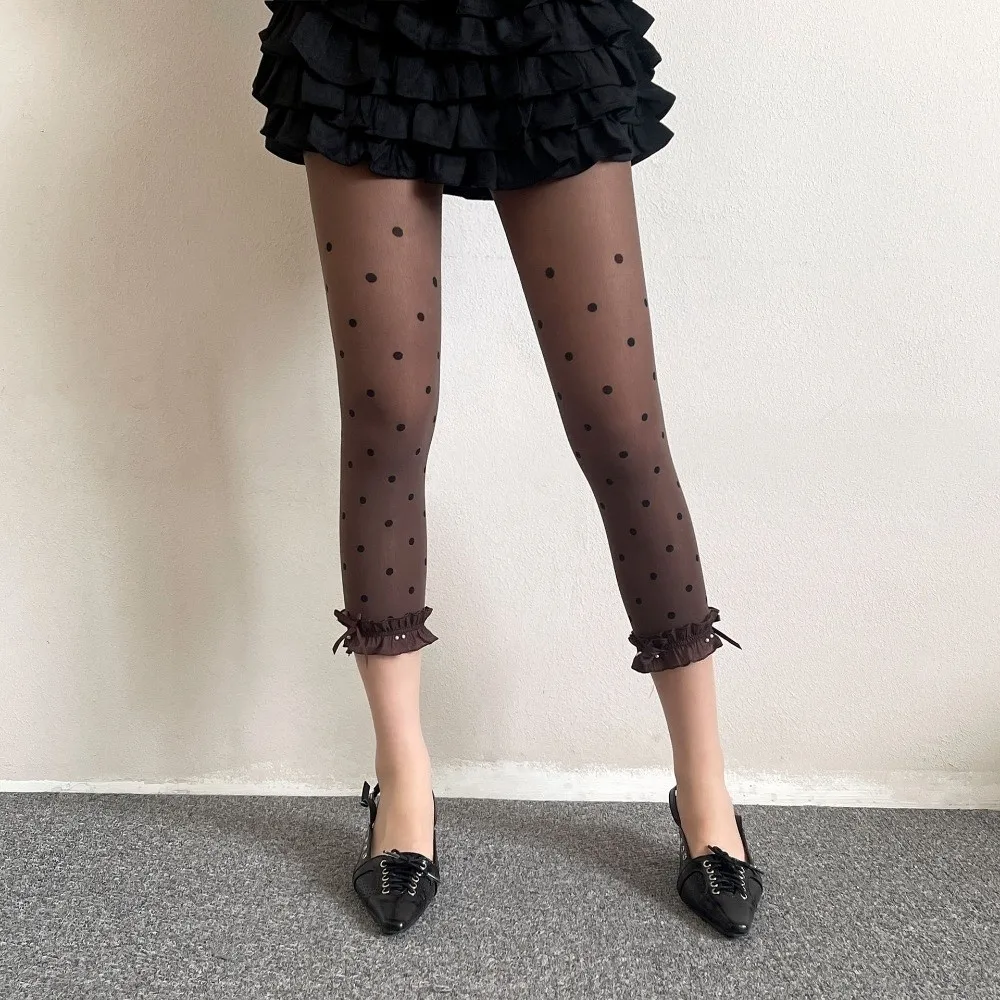 Vintage Lace Trim Thin Leggings Thin Material Velvet Fabric Capri Pants Polka Dot Retro Style Girls Pants For Girls