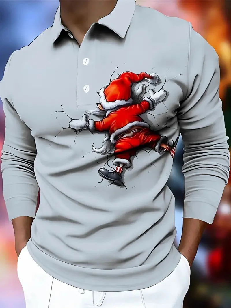 

Men's Creative Santa Claus Pattern Polo Shirts Autumn Winter Festival Carnival Casual Button Lapel Shirt Fashion Long Sleeve Top