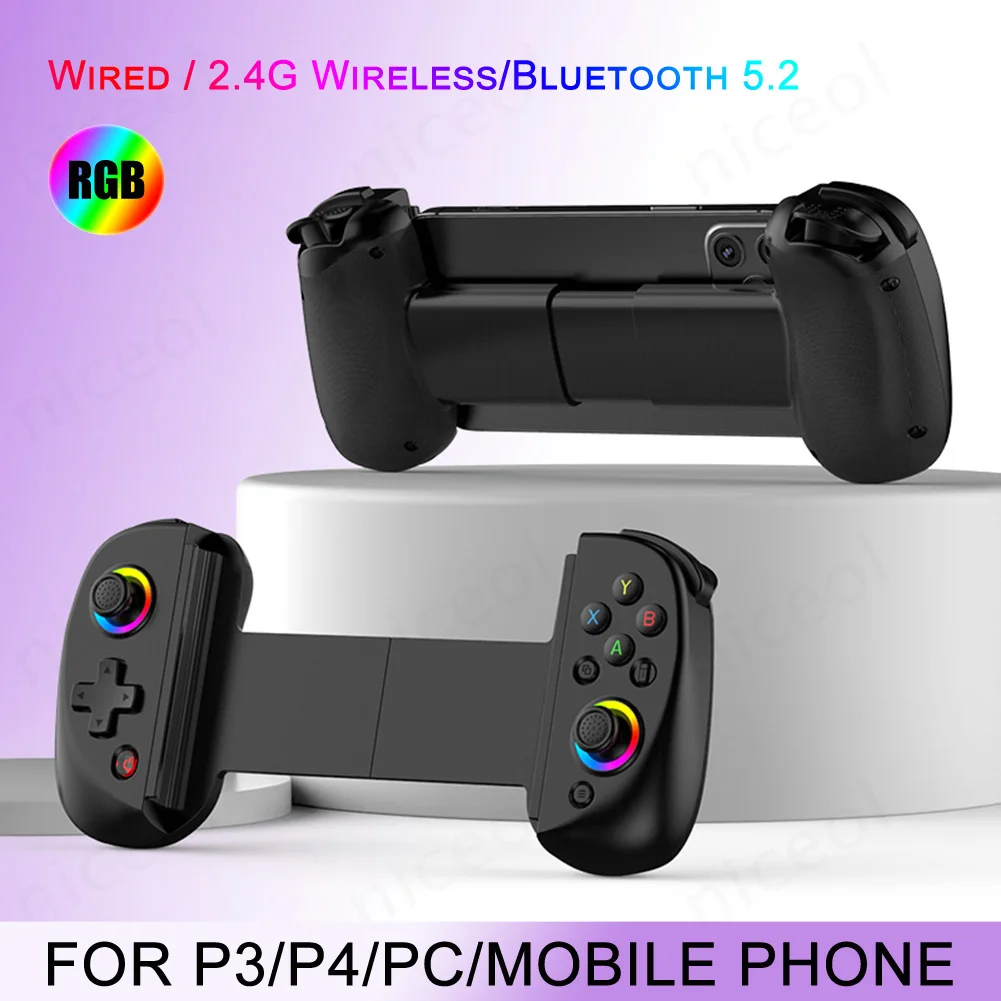 D8 Telescopic Wireless Game Controller for PUBG Mobile Phone Joystick with Turbo Vibration BT5.2 RGB Gamepad for PS3 / PS4 / PC