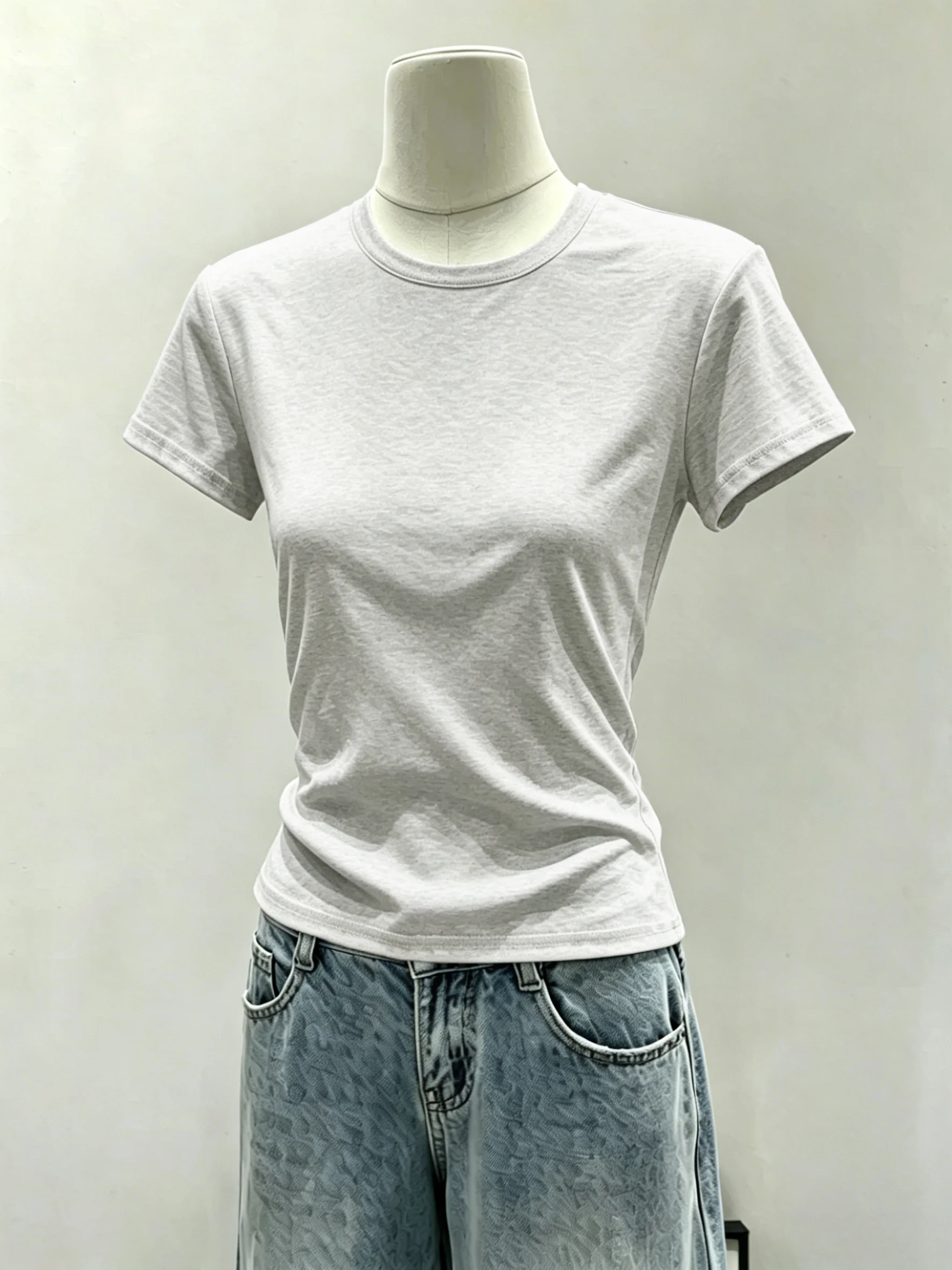 Slim Fit round Neck Short Sleeve T-Shirt 95 Cotton Base Shirt plus Size Women's Summer Top Shoulder Level Cotton Blend Tee