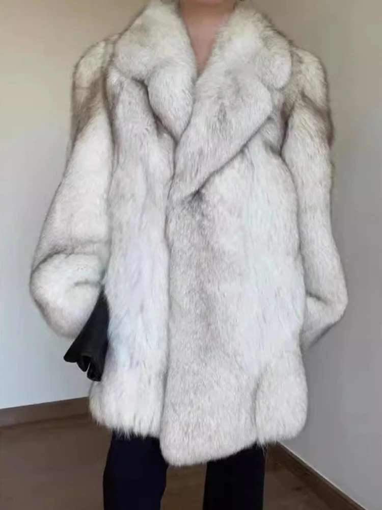 DEAT Fashion Women\'s Faux Fur Coat Lapel Loose Contrast Color Long Sleeve Pockets Thick Warm Jacket Winter 2024 New Tide 15C738