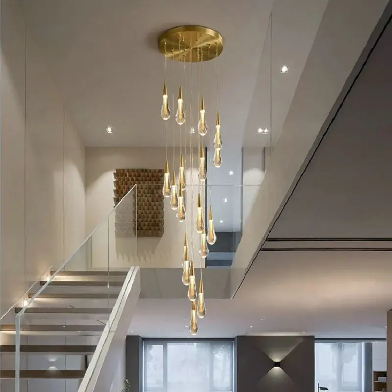 

New crystal light chandelier for staircase large gold drop design led cristal lamp long villa lobby hanging lighting fixture