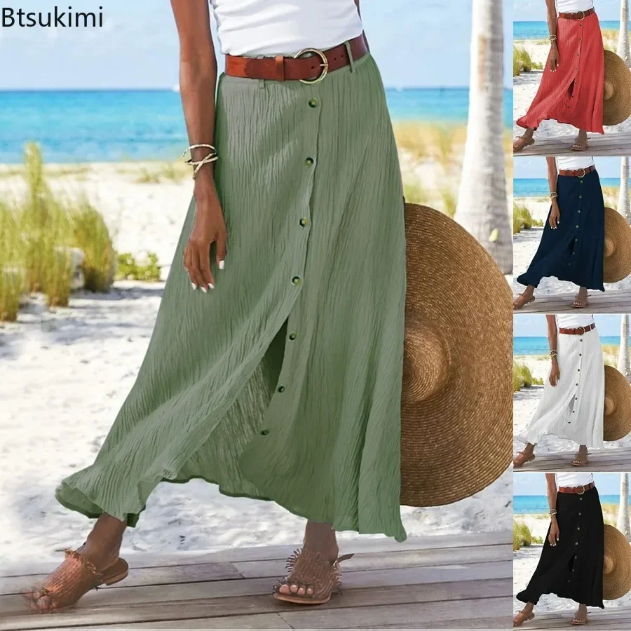 New 2024 Women\'s High Waist Cotton Midi Skirt Dress Button Up Solid Slit Hip Tennis Skirts Holiday Beach A Bottomed Skirt Female