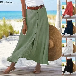 New 2024 Women's High Waist Cotton Midi Skirt Dress Button Up Solid Slit Hip Tennis Skirts Holiday Beach A Bottomed Skirt Female