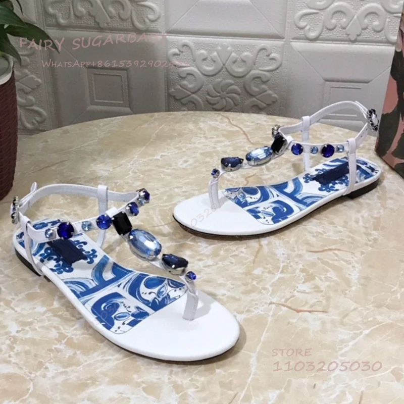 Light Blue Flower Print Flat Sandals Women Beach Vacation Open Gem Shiny Crystal Chain Buckle Loafers Jeweled Strap Casual Shoes