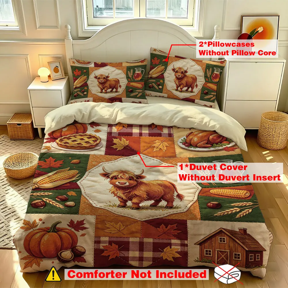 3PCS Scottish Highland Cow Autumn Harvest Quilted Duvet Cover Set 1 Duvet Cover 1 Pillowcase Soft Comfortable Machine Washabl