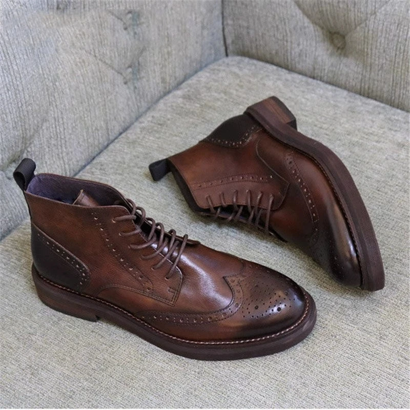 Vintage British Style Men Brogues Leather Boots Dress Shoes Men Ankle Boots Lace-up Urban Male Autumn Winter Boots