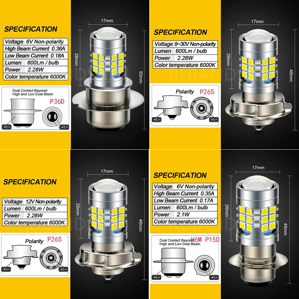 P15D Headlight Bulb H6M P26S P36D LED Scooter Light Lamp Bulb Motorcycle Auxiliary Light Headlight 6000K 6V Accesorios 12V 9-30V