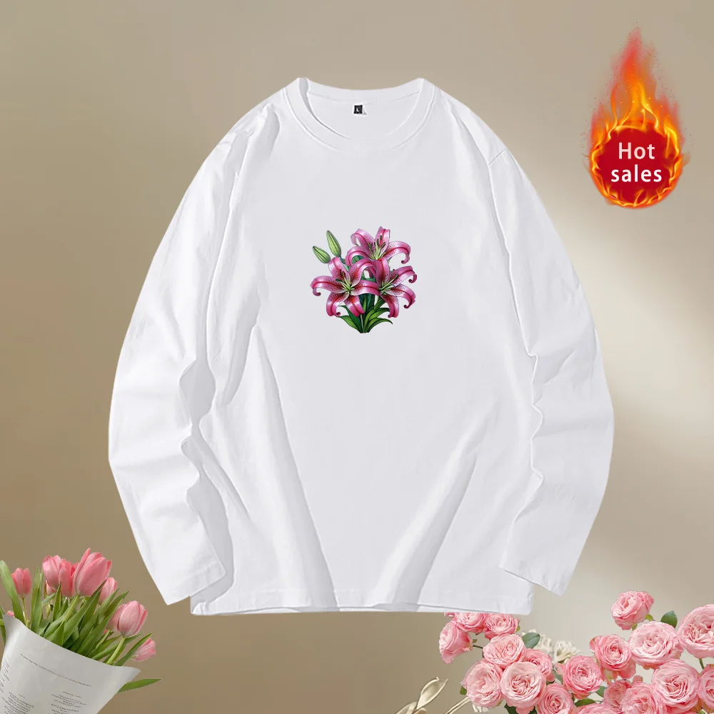 Winter Fashion Lily Printed Women's T Shirt Ladies T-shirt Casual Long Sleeve Female Clothing Top Tee White T-shirt