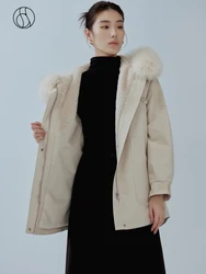 DUSHU Fox Fur Collar Design 2023 Winter Women Beige Apricot Parka Imitation Rabbit Fur Lining Office Lady Warm Straight Jackets