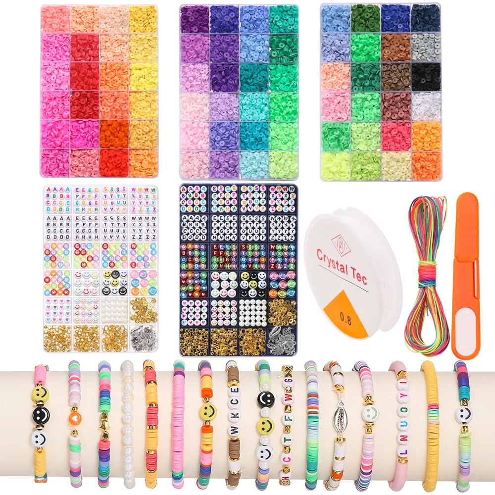 14400pcs/Set  Rainbow Color Flat Clay Beads with Pendants for Boho Bracelet Necklce Earrings Making Letter Beads Accessories Kit