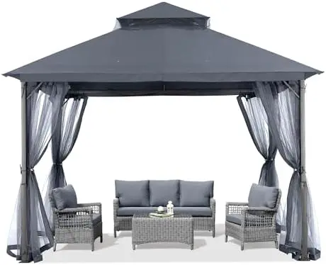 Outdoor Patio Gazebo 11x11 - Double Roof Canopy with Mosquito Netting for Backyard, Deck, Garden, Lawn, Dark Gray