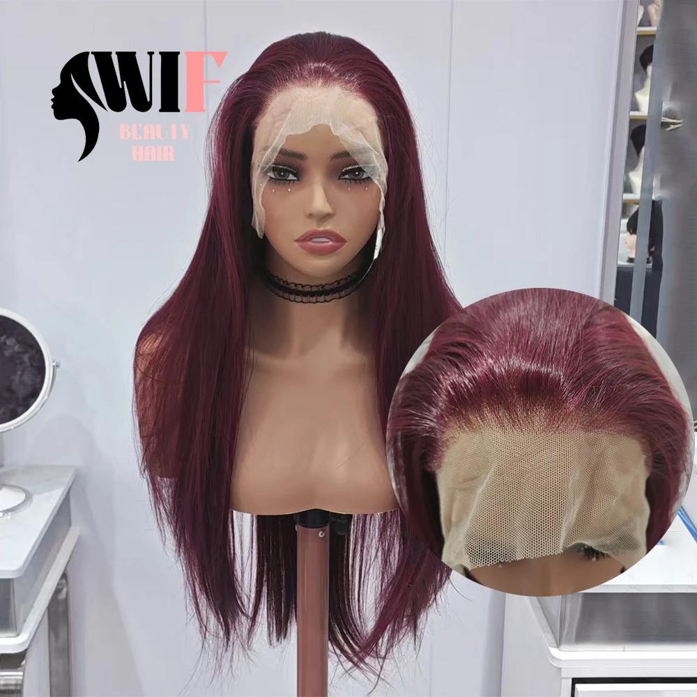 WIF Mix Red Color Straight Synthetic Wig Silk Straight Burgundy Hair Glueless Lace Front Wigs Daily Makeup Use Dark Red Hair