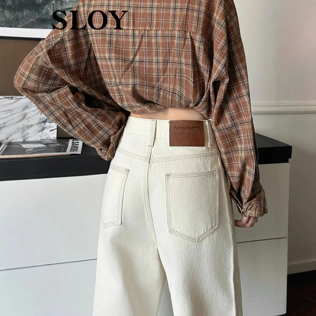 

Women's high-waisted, slimming, casual, versatile, straight-leg, floor-length jeans in apricot color for outdoor wear