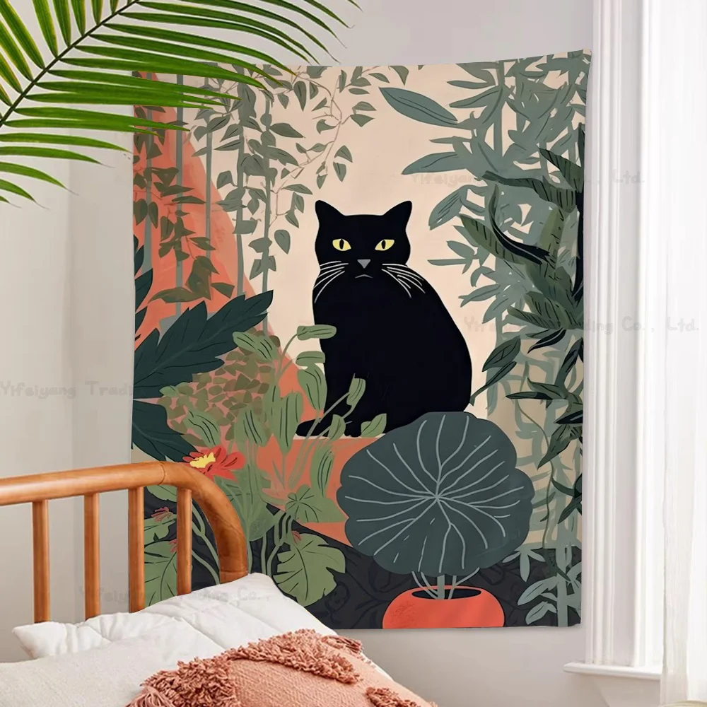 Abstrato plantas verdes gato preto diy tapeçaria de parede pendurado tarô hippie tapetes de parede dormitório ins decoração de casa