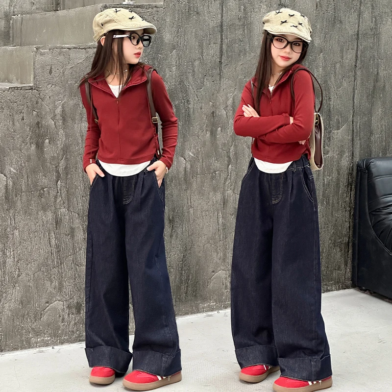 autumn teenage girls jeans adolescent flanged denim wide leg pants junior kids trousers red cotton Splicing hooded top t-shirt