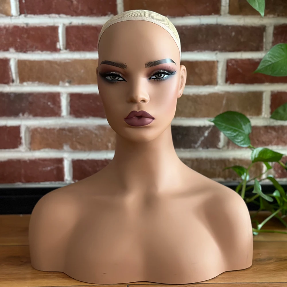 

Plussign женская реалистичная голова манекена с плечами, модель парика, темно-коричневая, бежевая кукла, голова для шляпы, очков, дисплей