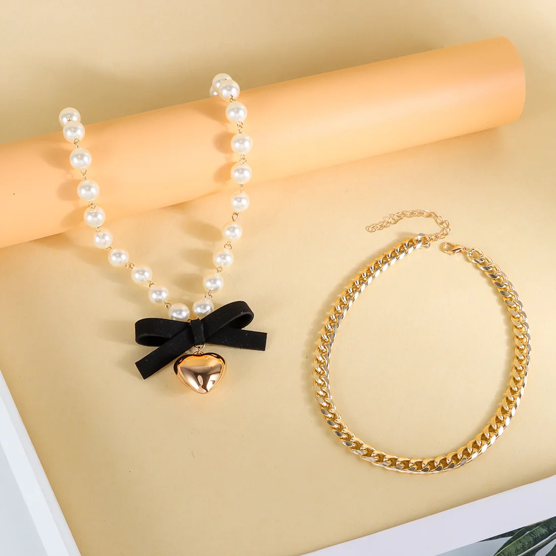 DIY accessories Cross-border sweet imitation pearl bow necklace women, simple ins love chain stacked wearing necklace NK26680
