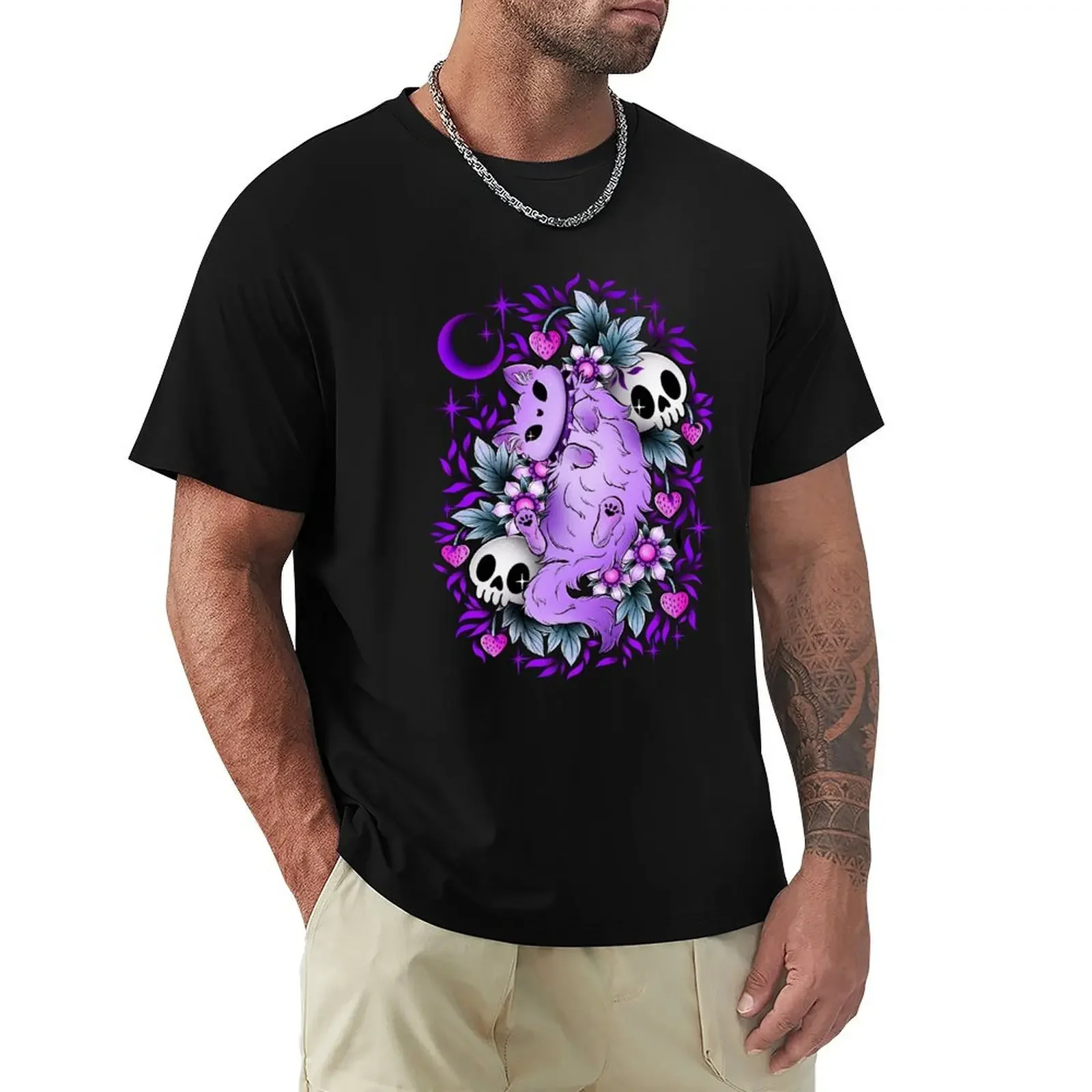 Pastel cat and skulls, purple leaves and black background T-Shirt customs korean fashion funny t shirts for men