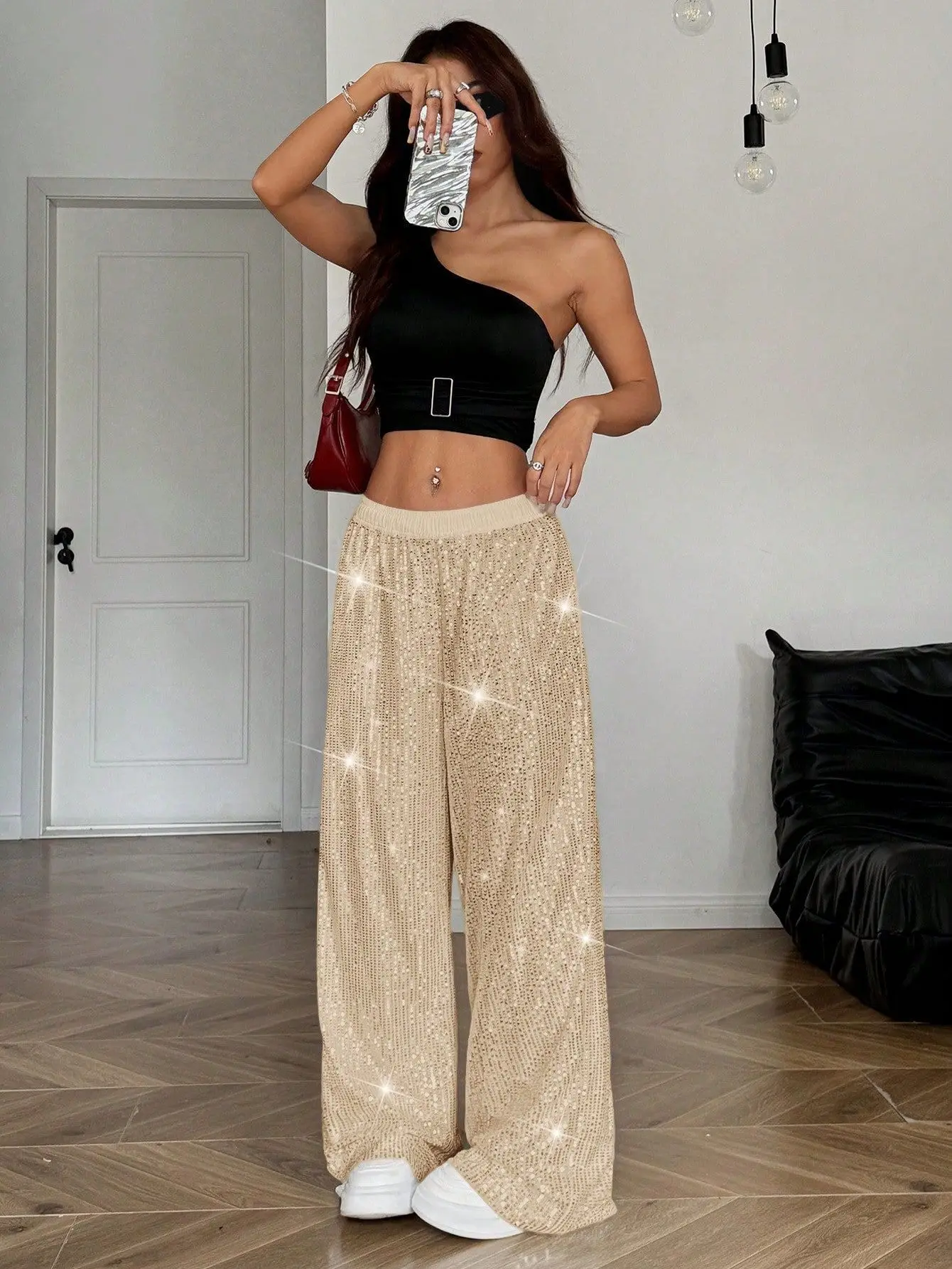 Women's Sequin Wide Leg Pants, High Waist Glitter Trousers, Loose Shiny Straight Leg Pants for Party & Night Out