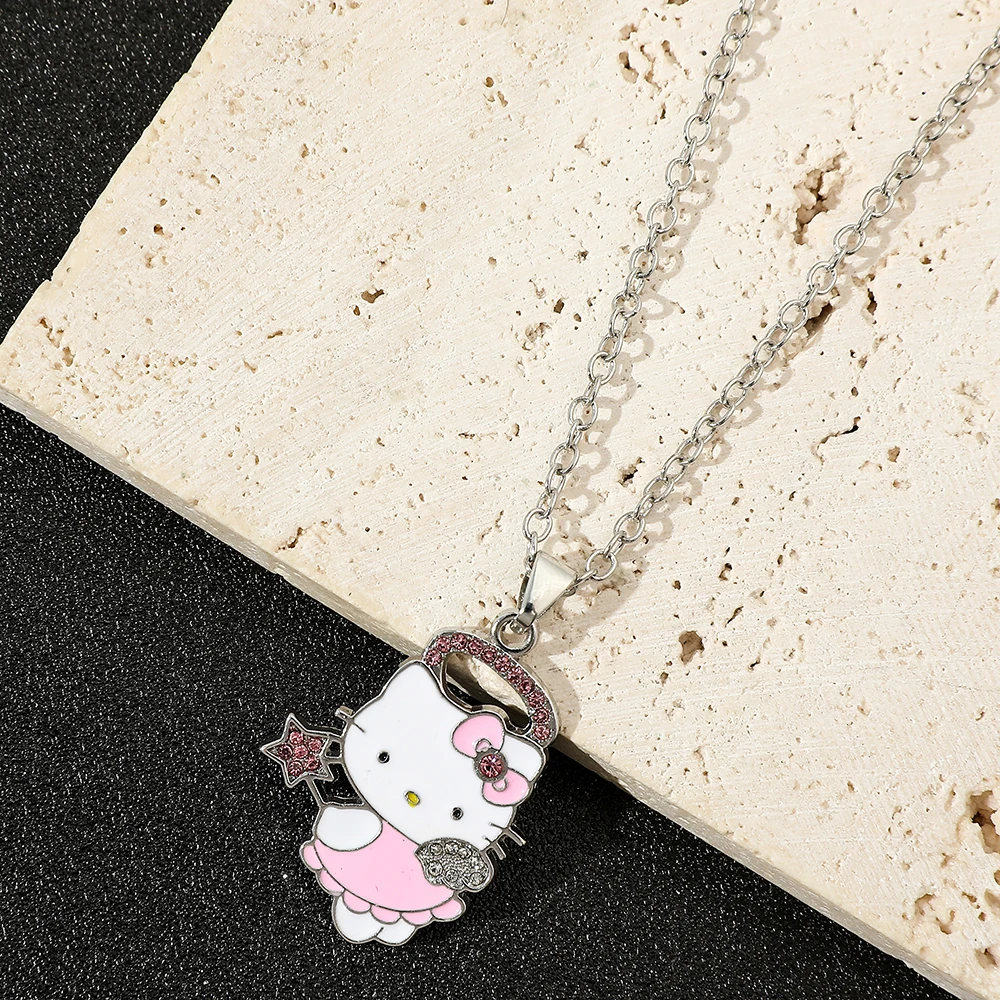 Hello Kitty Enamel Pendant Necklace with Pink Rhinestone Star Magic Wand Accessory Cute Party Gift for Friends